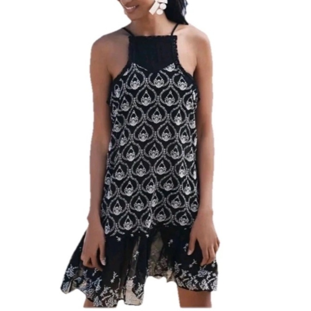 Anthropologie Sheer Embroidered Black Halter Mini Dress Sz S FLOUNCY Boho NWT